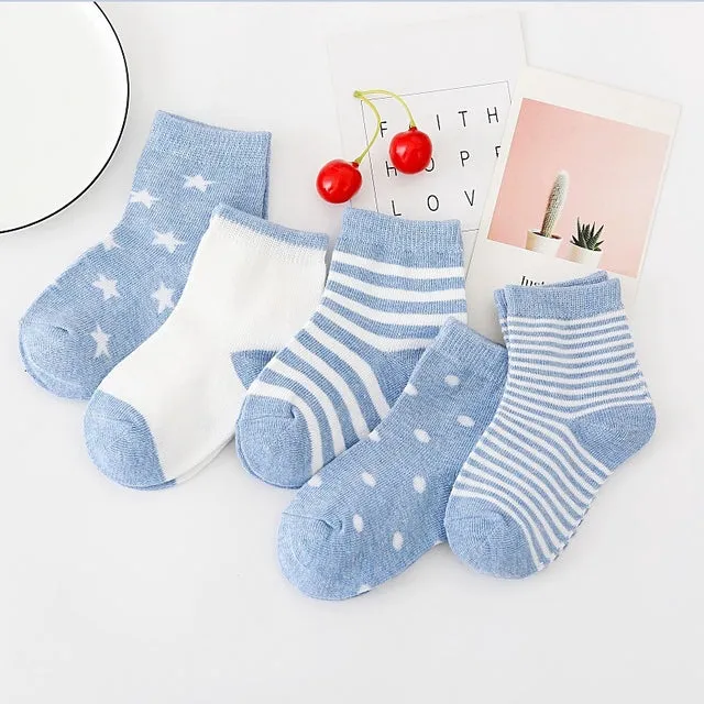 5 Pairs Baby Socks Stars, Stripes and Animal Designs