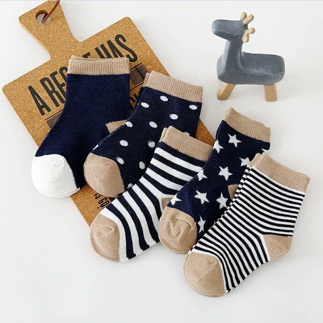 5 Pairs Baby Socks Stars, Stripes and Animal Designs