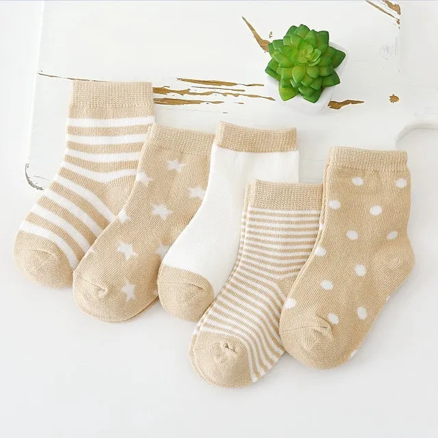 5 Pairs Baby Socks Stars, Stripes and Animal Designs