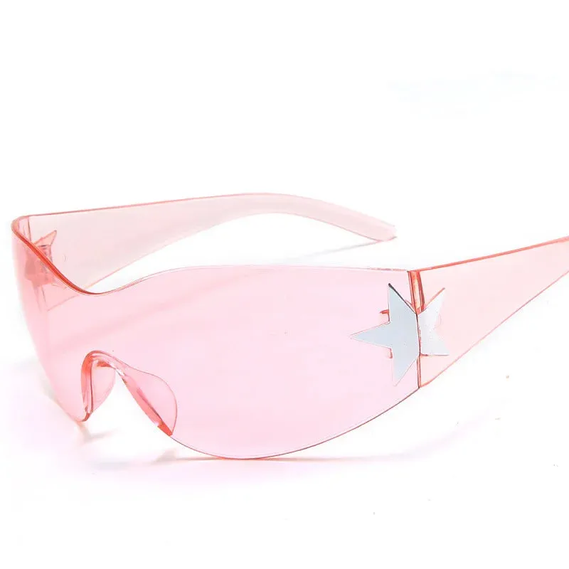 Brand Shield Frameless Wrap Trendy Around Oversized Retro Sunglasses
