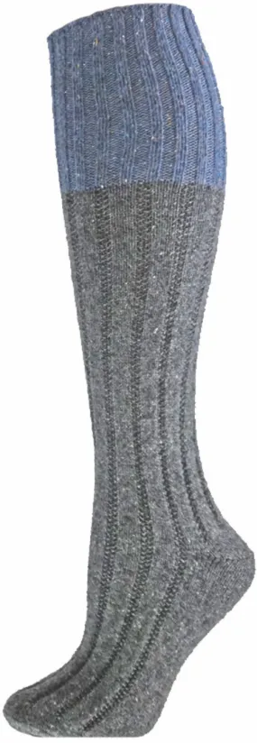 Charcoal Poppy Contrast Cuff Ribbed Wool Knee High Socks (Women's)