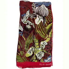 Elie Saab Scarf Bordeaux Olive Maroon Floral Design - Chiffon Silk Designer Shawl