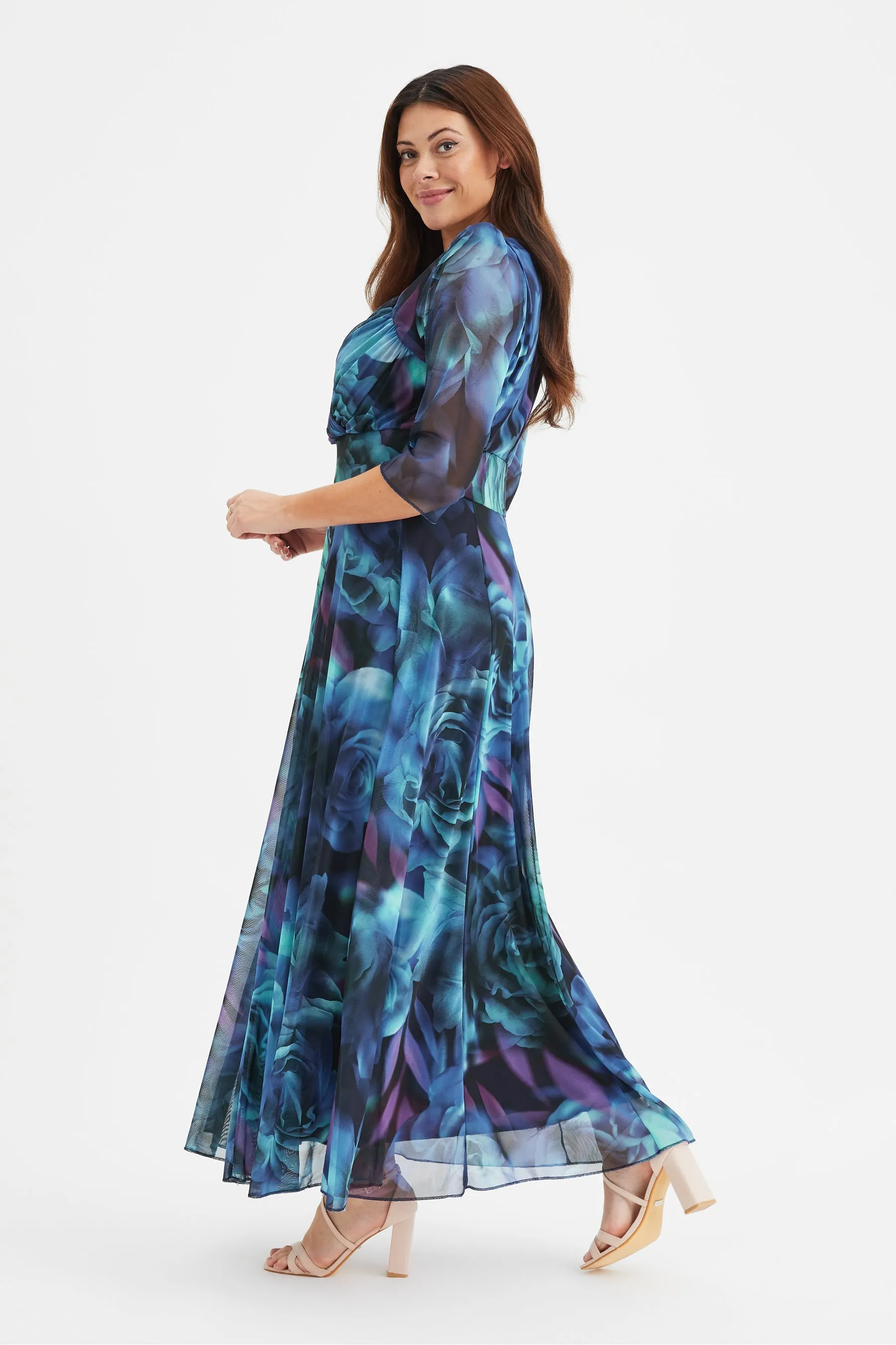 Elizabeth Teal Blue Print Mesh Maxi Gown
