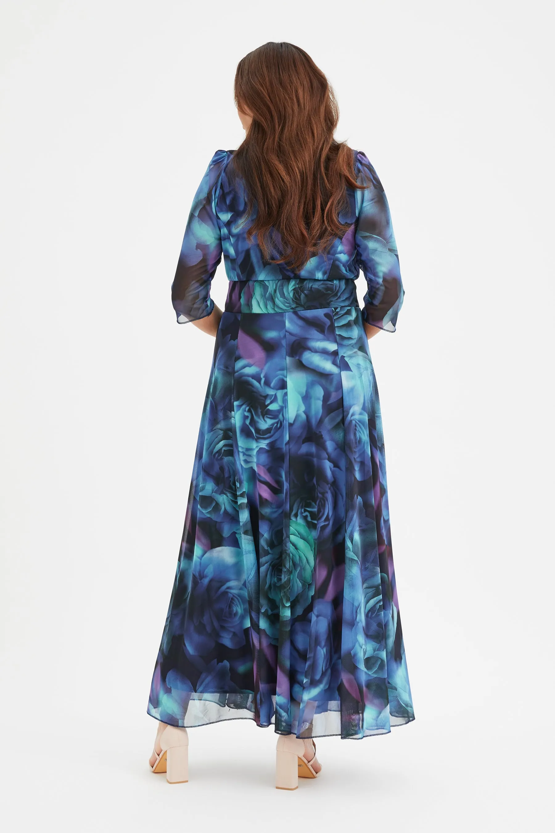Elizabeth Teal Blue Print Mesh Maxi Gown