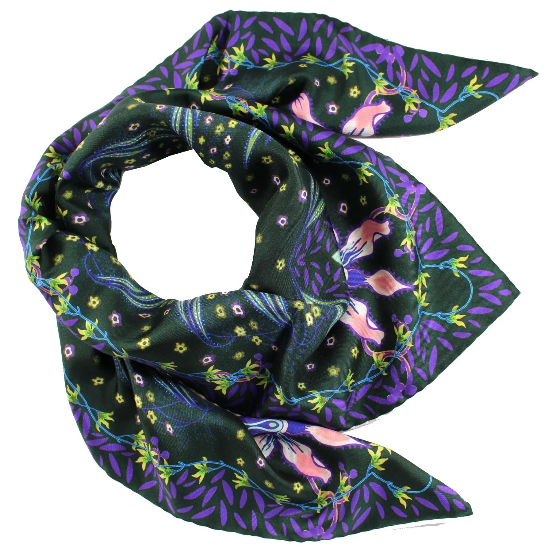 Givenchy Scarf Dark Green Purple Pink Floral - Large Square Twill Silk Scarf FINAL SALE