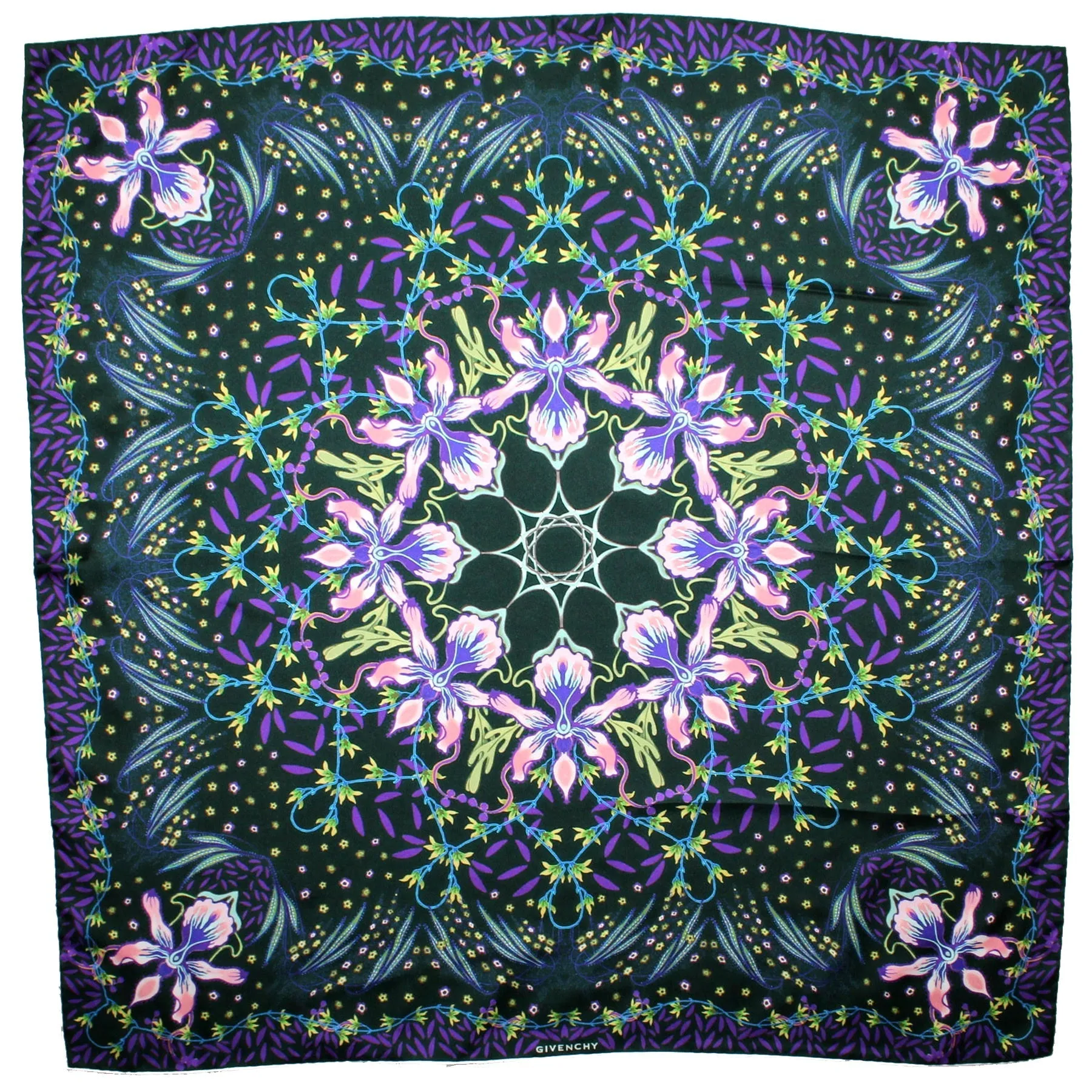 Givenchy Scarf Dark Green Purple Pink Floral - Large Square Twill Silk Scarf FINAL SALE