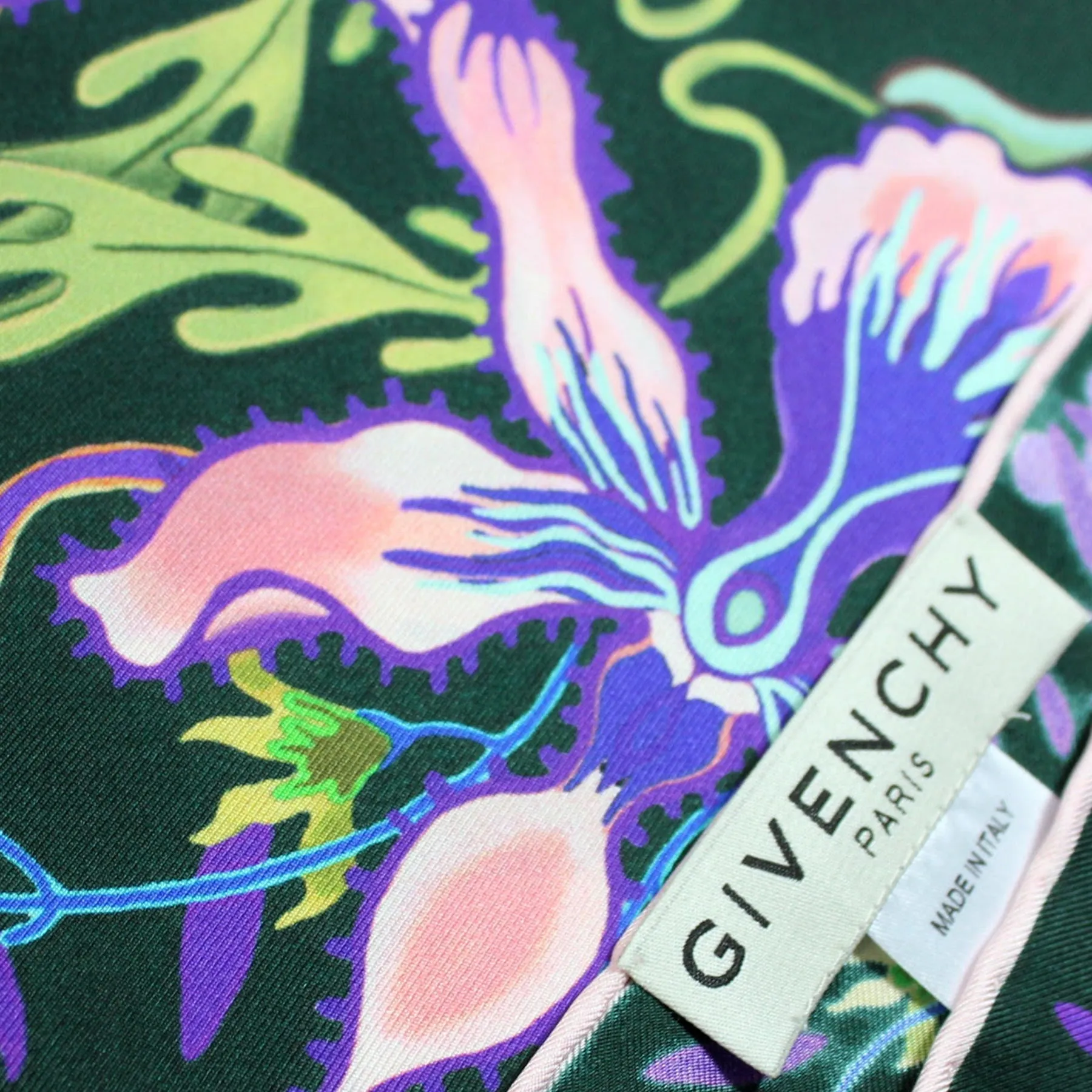 Givenchy Scarf Dark Green Purple Pink Floral - Large Square Twill Silk Scarf FINAL SALE