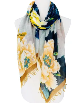 JC021064 Yellow-Multi Peony Raw-Trim Scarf/Shawl