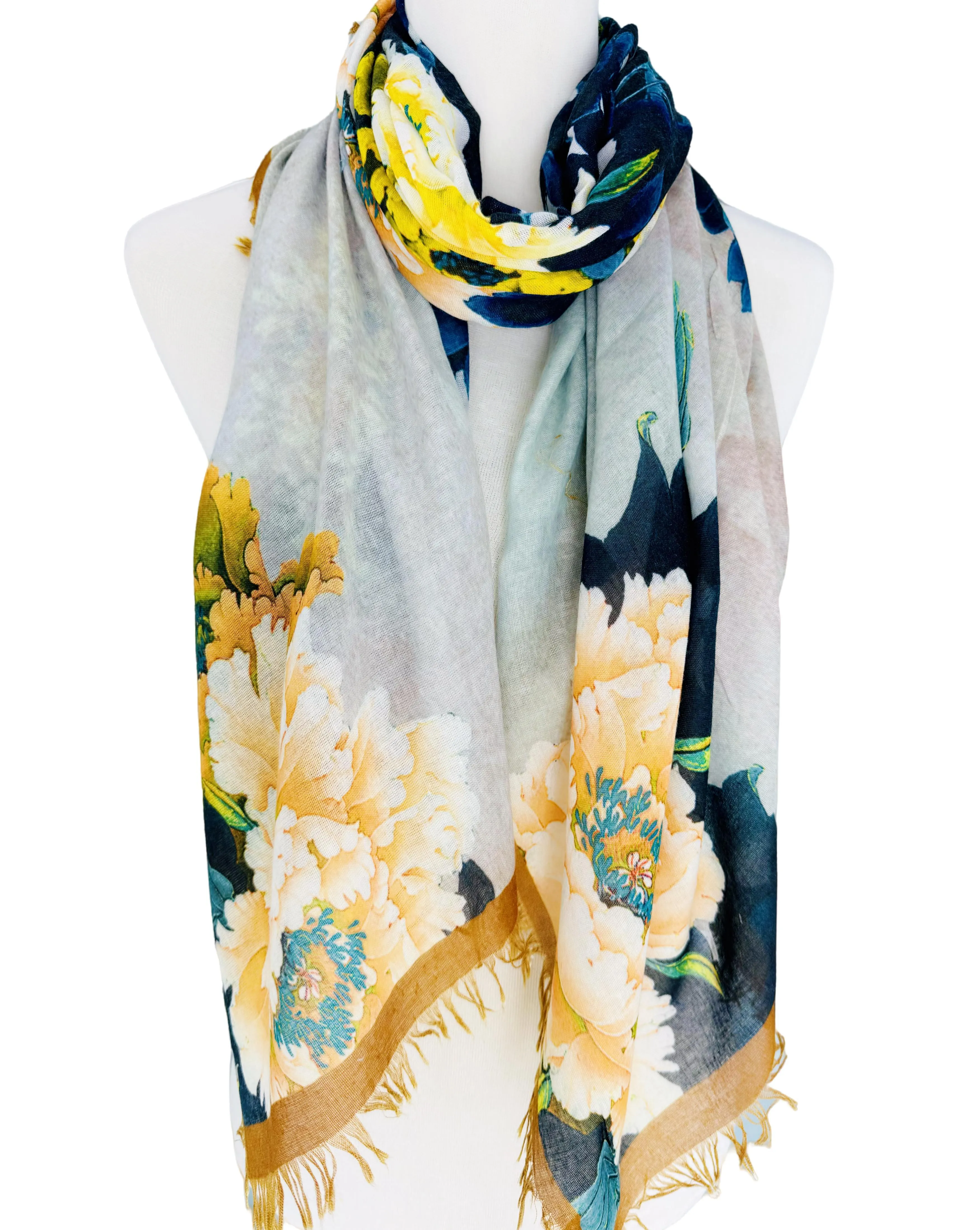 JC021064 Yellow-Multi Peony Raw-Trim Scarf/Shawl