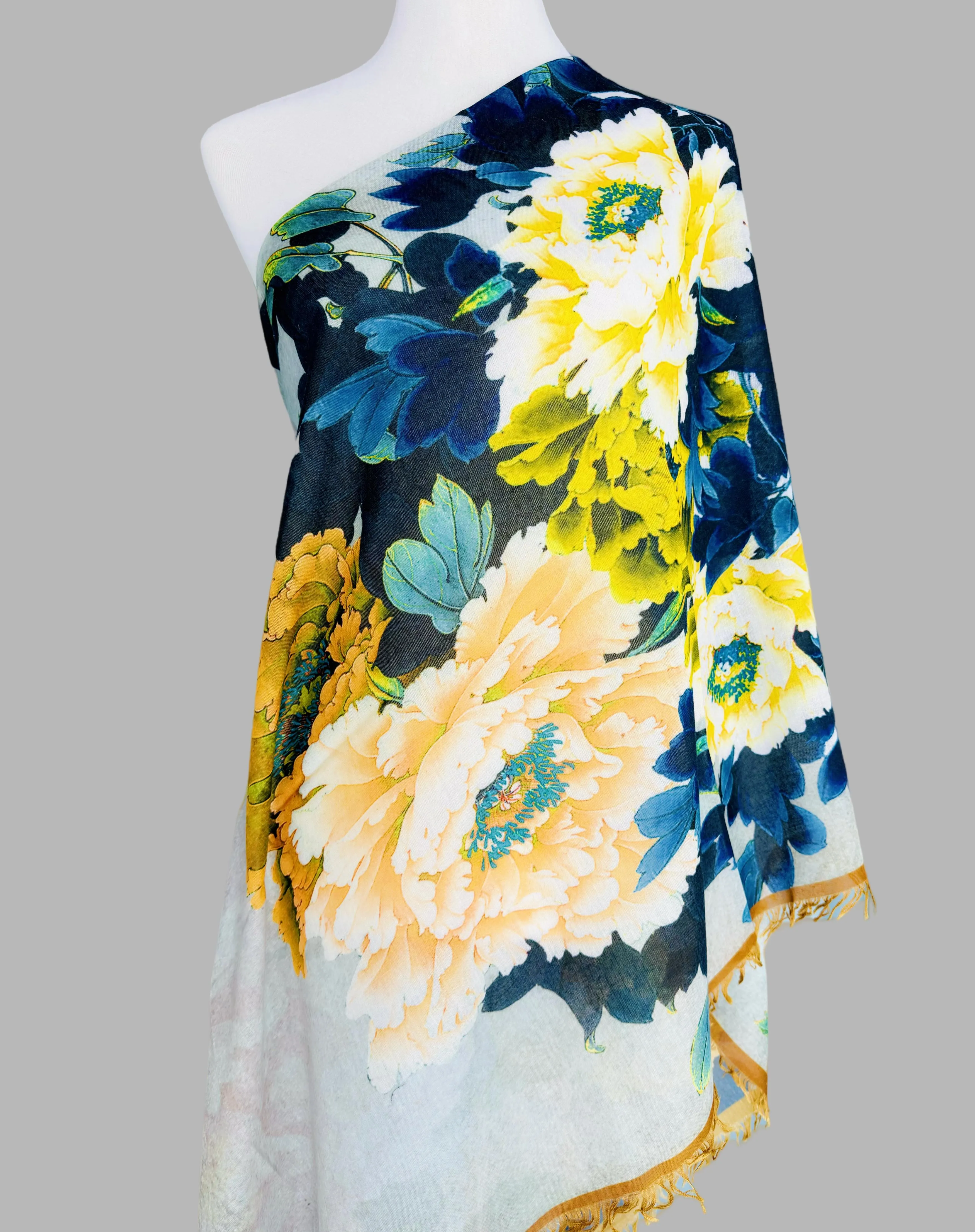 JC021064 Yellow-Multi Peony Raw-Trim Scarf/Shawl