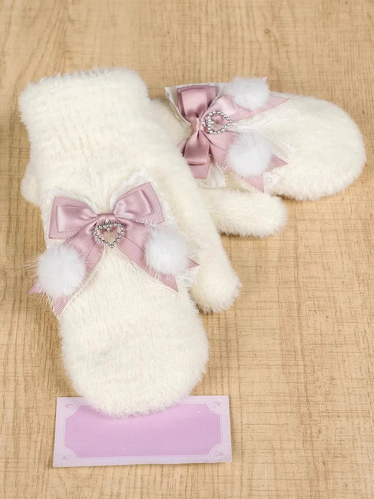 Jirai Kei Milk White/White&Pink/Black Bow Accents Knit Gloves