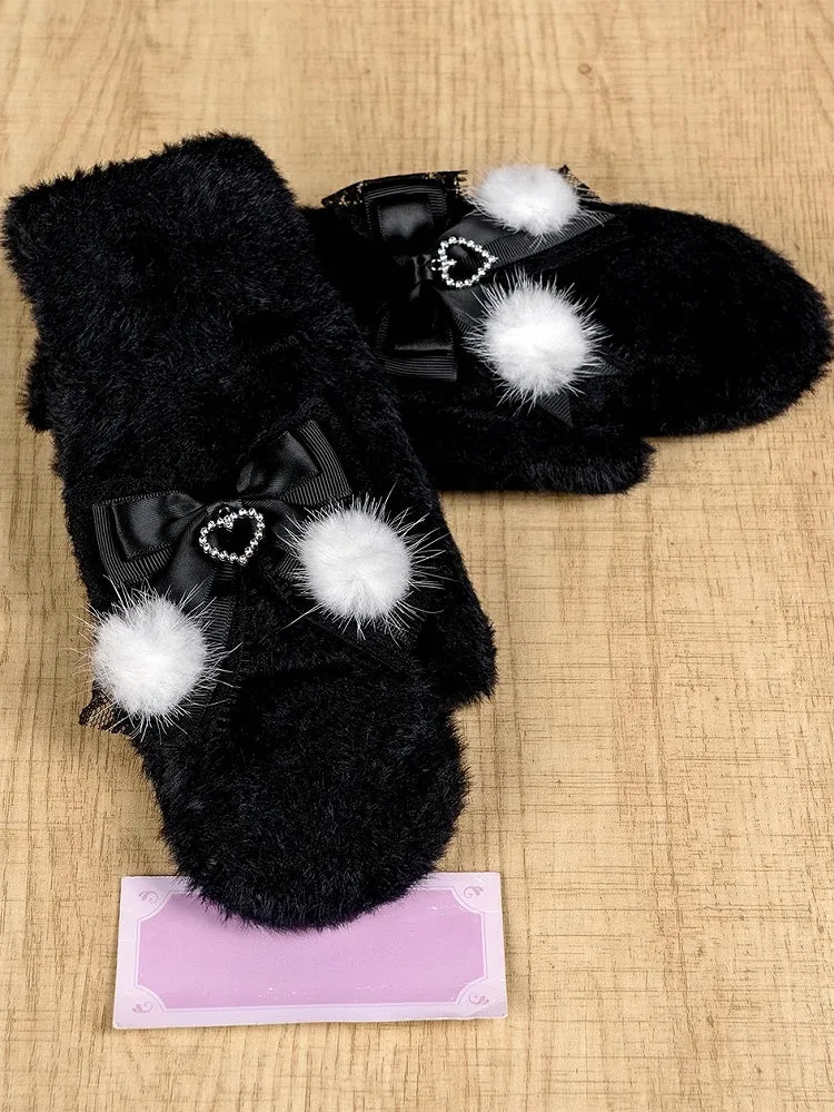 Jirai Kei Milk White/White&Pink/Black Bow Accents Knit Gloves