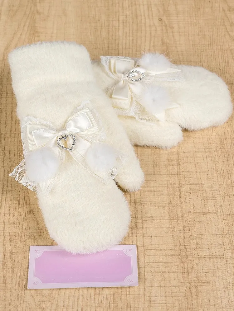 Jirai Kei Milk White/White&Pink/Black Bow Accents Knit Gloves