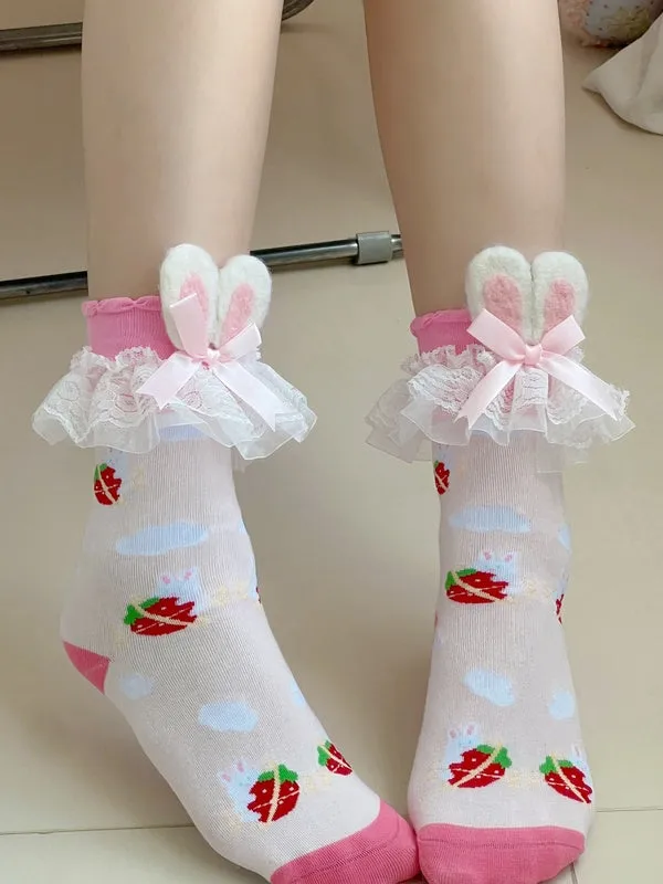 Pink Sweet Lolita Strawberry Print Bunny Ears Lace Trim Socks