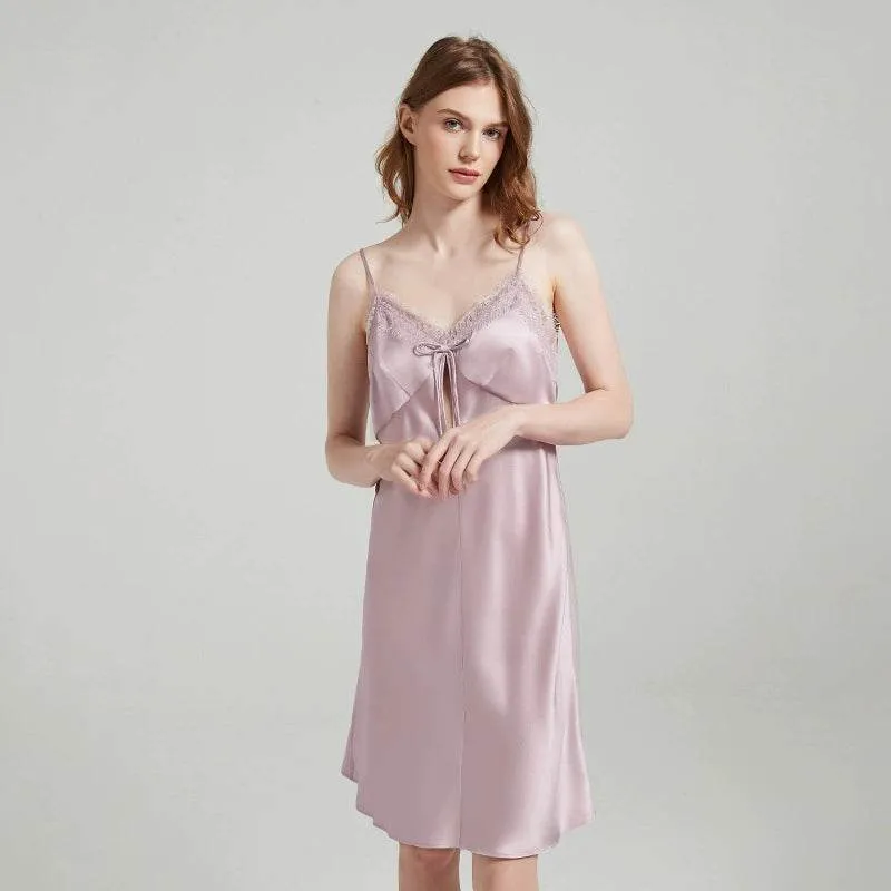 Silk Nightgown - Sleeveless Lace Embroidery Elegant