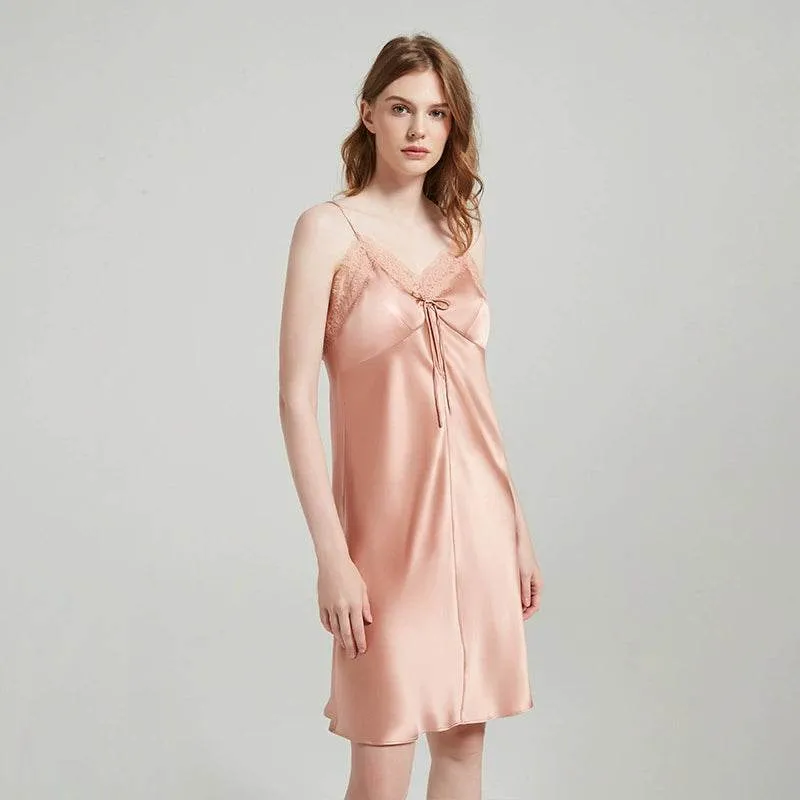 Silk Nightgown - Sleeveless Lace Embroidery Elegant
