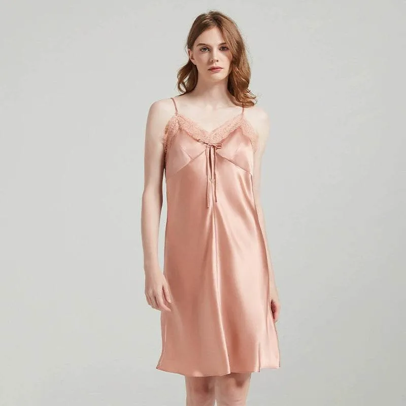 Silk Nightgown - Sleeveless Lace Embroidery Elegant