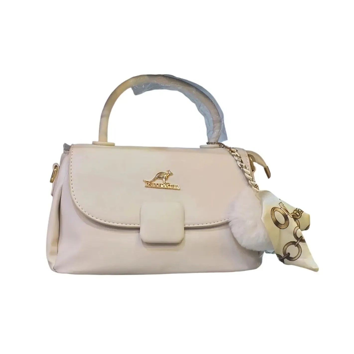 Top Handle Bag with Scarf and Pom Pom Charm