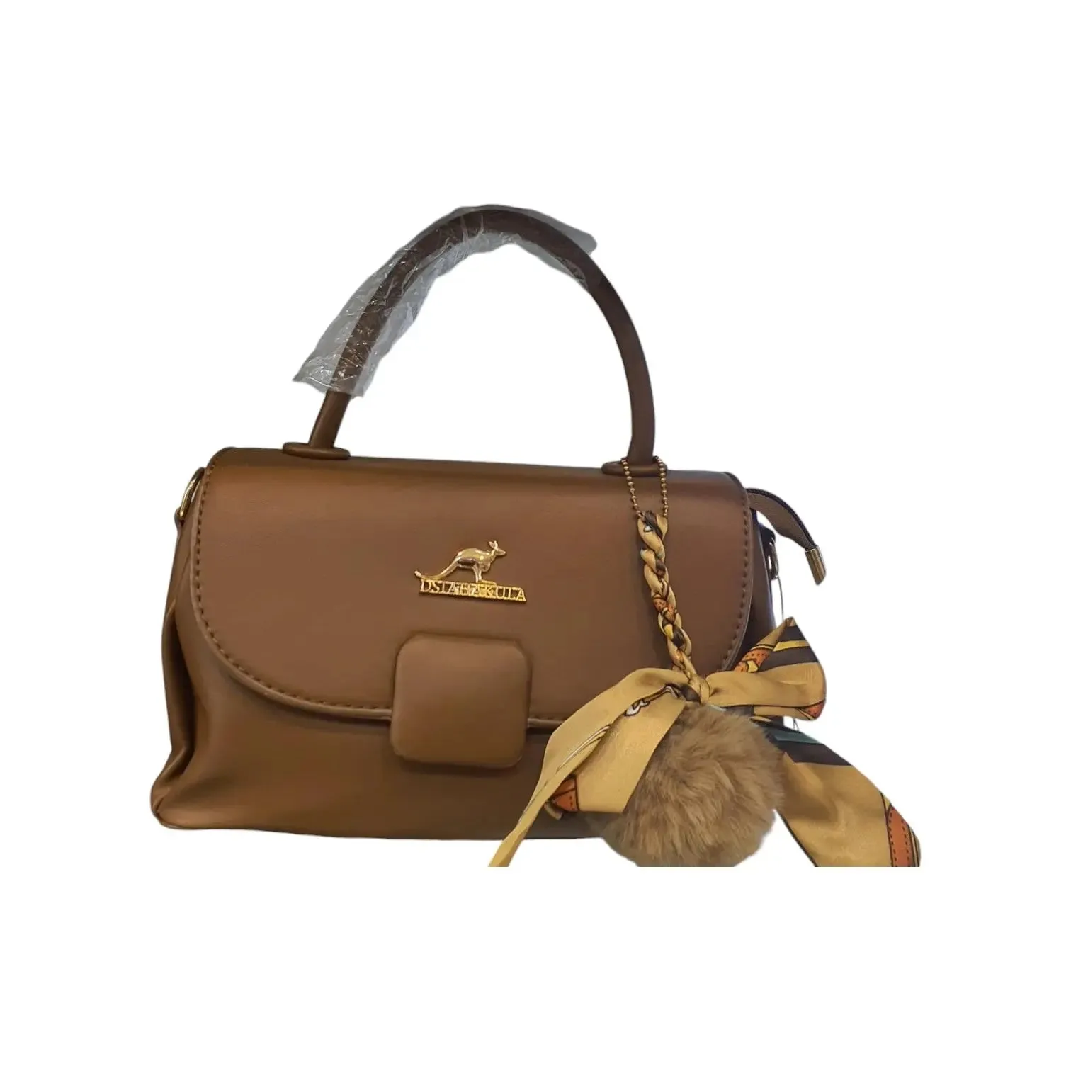 Top Handle Bag with Scarf and Pom Pom Charm