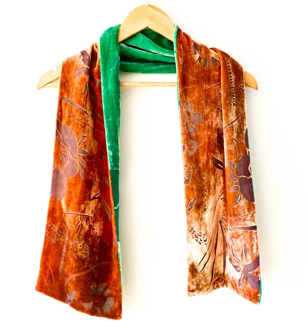 Two Tone Devore Green Brown Silk Velvet Scarf