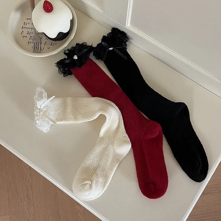 White Lolita Bowknot Lace Cuff Calf Socks