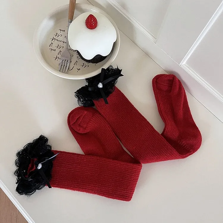 White Lolita Bowknot Lace Cuff Calf Socks