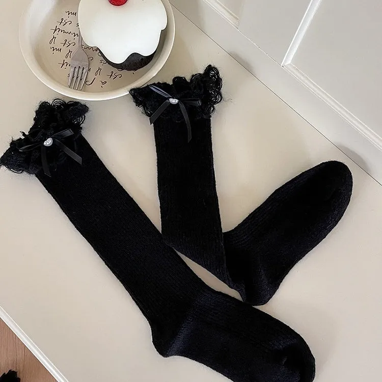White Lolita Bowknot Lace Cuff Calf Socks