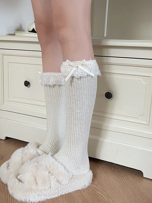 White Lolita Bowknot Lace Cuff Calf Socks