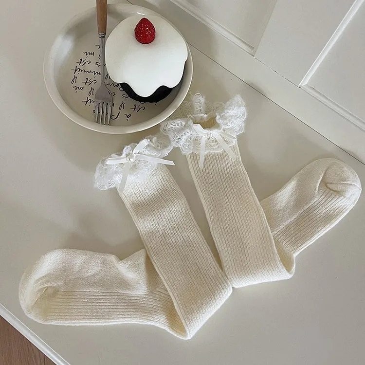 White Lolita Bowknot Lace Cuff Calf Socks