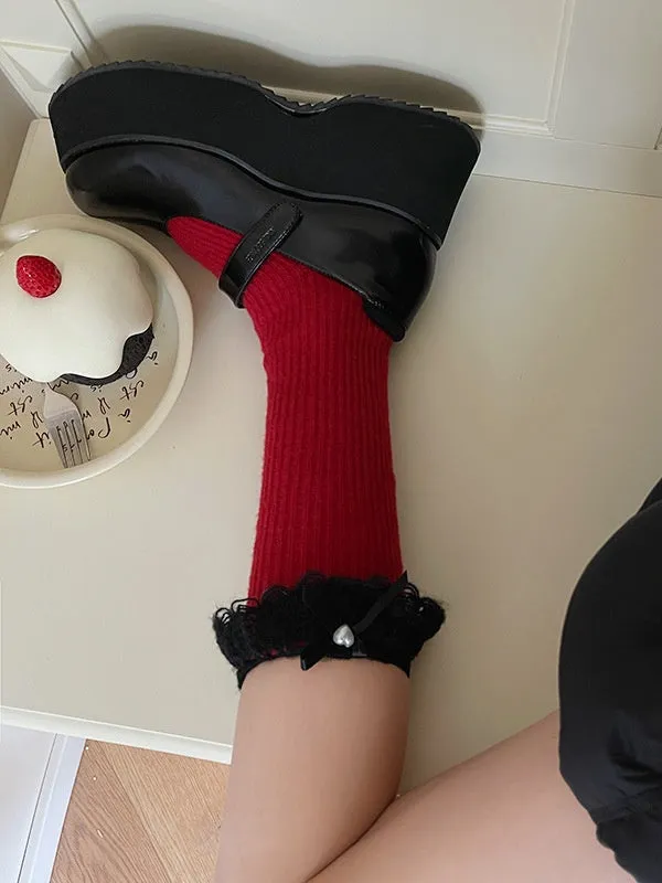 White Lolita Bowknot Lace Cuff Calf Socks