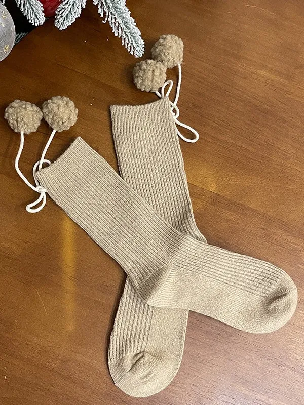 White Sweet Calf Socks With Pompons