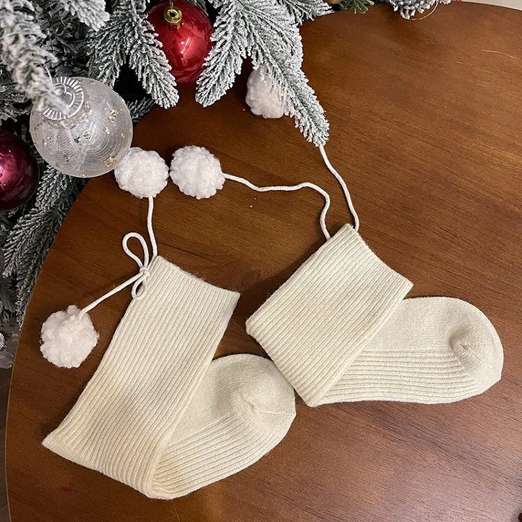 White Sweet Calf Socks With Pompons
