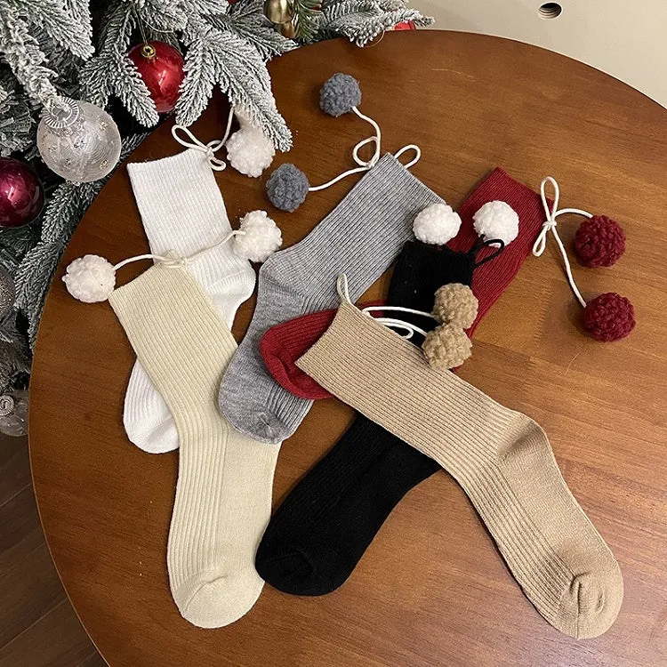 White Sweet Calf Socks With Pompons