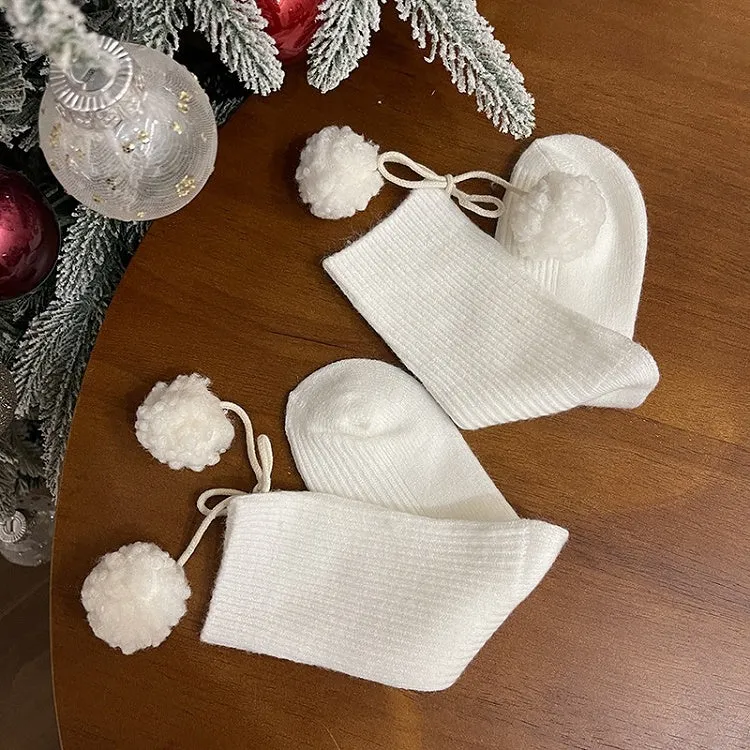 White Sweet Calf Socks With Pompons