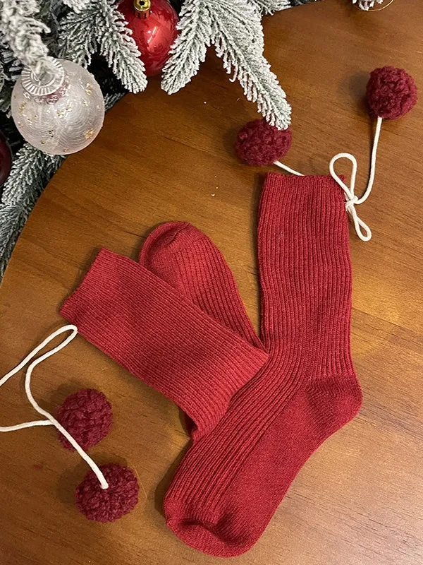 White Sweet Calf Socks With Pompons