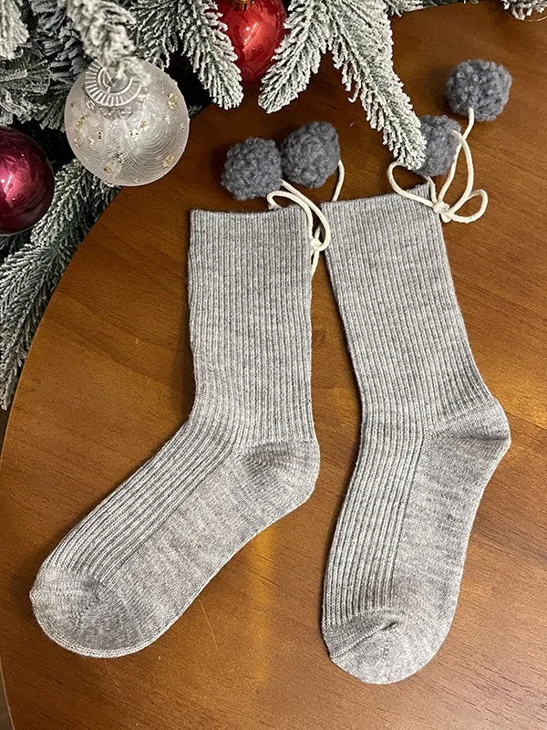 White Sweet Calf Socks With Pompons