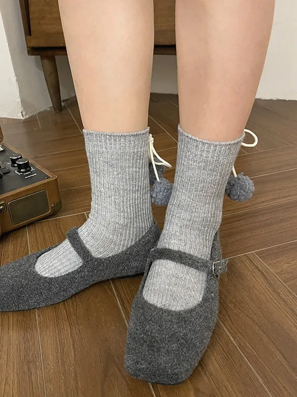 White Sweet Calf Socks With Pompons