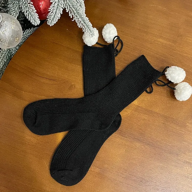 White Sweet Calf Socks With Pompons