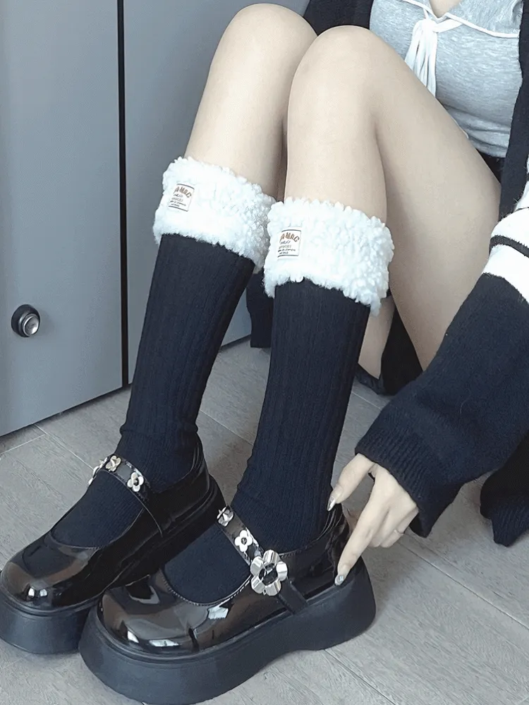 White/Black Sweet Plush Calf Socks