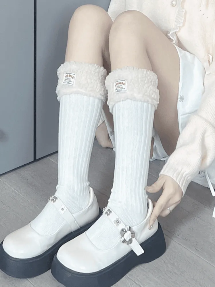 White/Black Sweet Plush Calf Socks