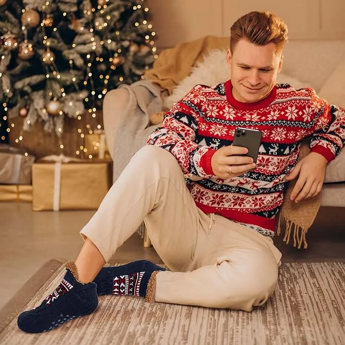 ZFSOCK Slipper Socks for Men Thick Thermal Fuzzy Socks Winter Soft Warm Fleece Fluffy Socks with Non Skid Gripper Christmas Gift,Navy Blue Size 11-13
